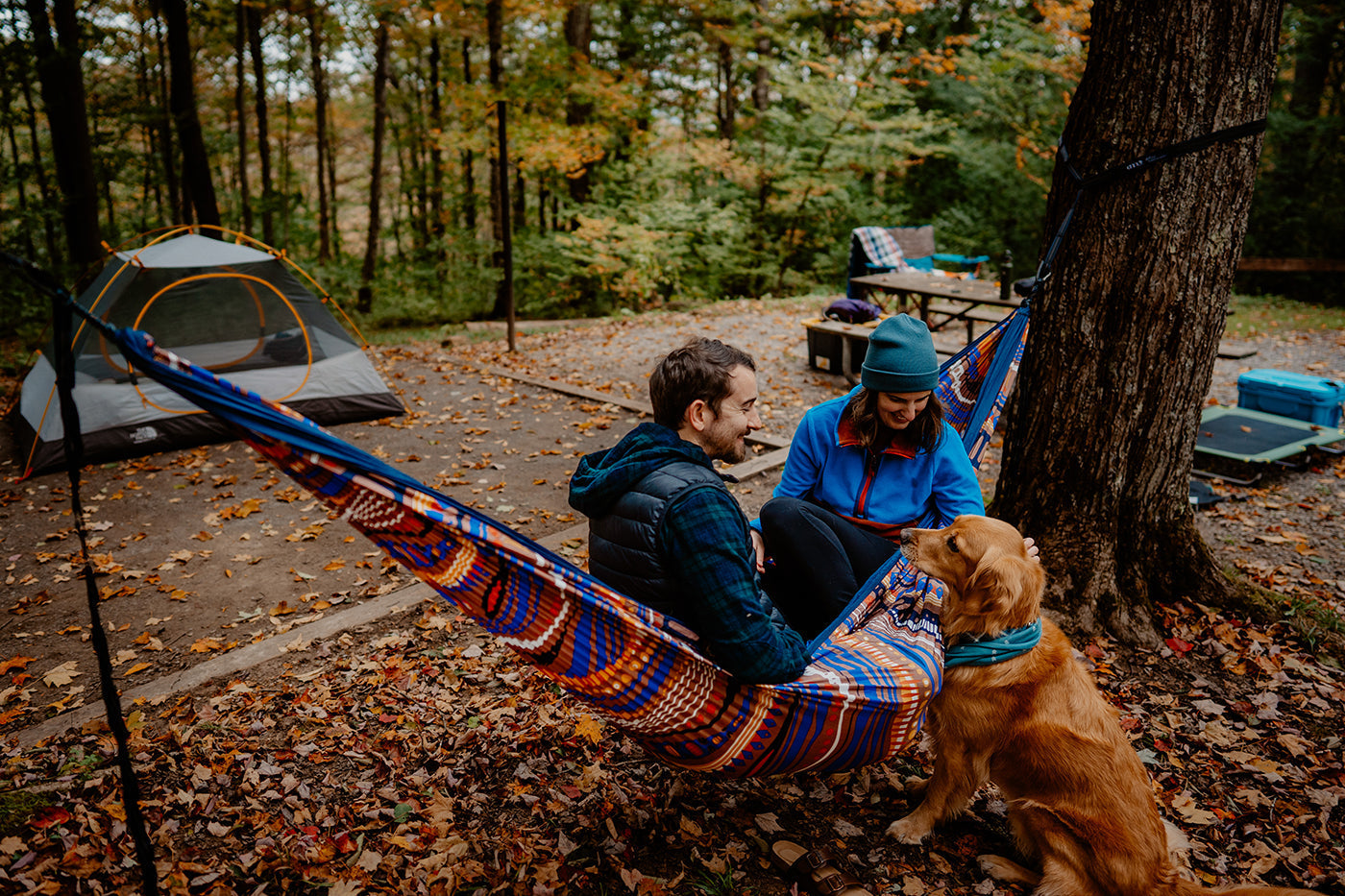 A couple in an ENO DoubleNest Hammock Print while peting a dog and a campground in the background