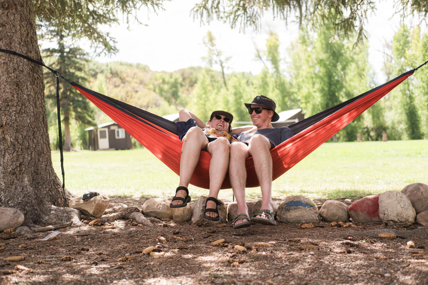 Two people in an ENO DoubleNest Hammock