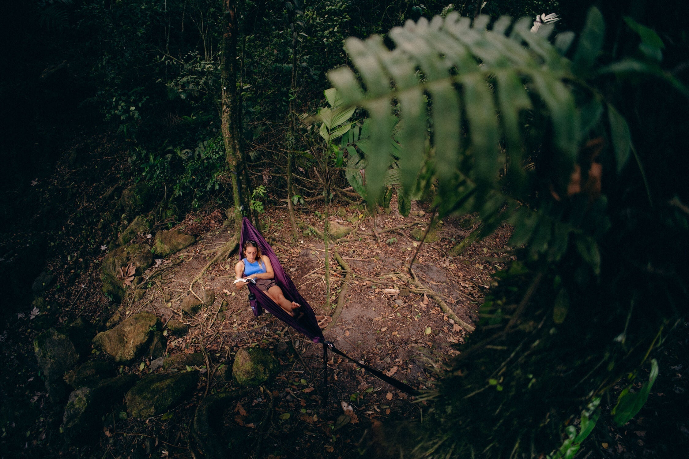 Someone hammocking in the woods in an ENO hammock