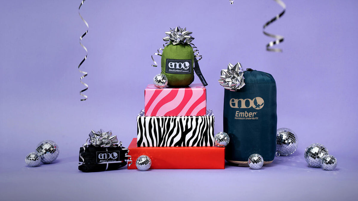 A group of ENO gear sits atop wrapped presents