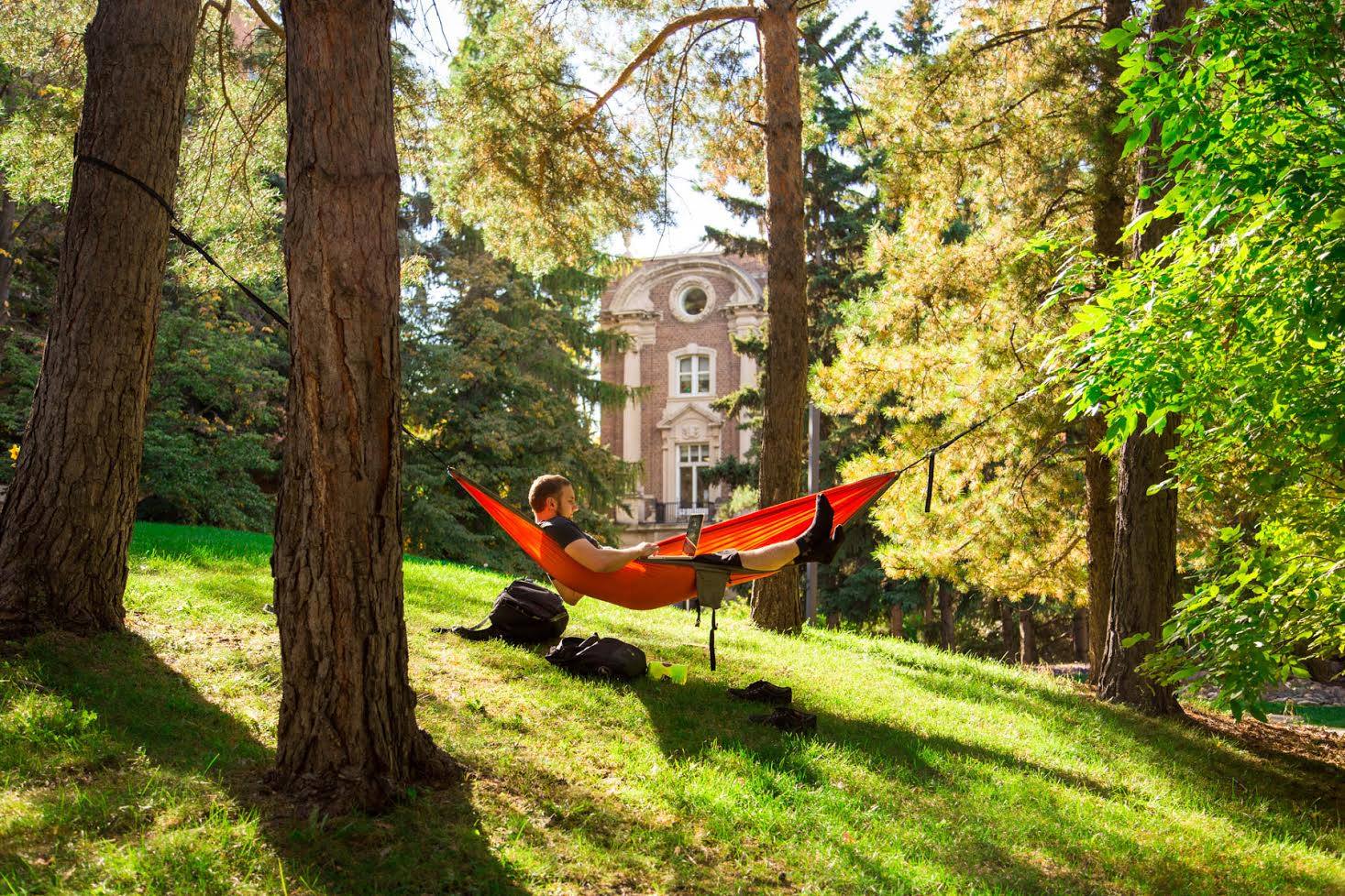 A man with his laptop in an ENO hammock in the trees with a building in the background