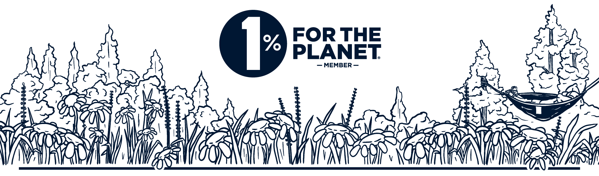 Illustration of a person using a hammock in a forest setting with the 1% for the Planet logo above.