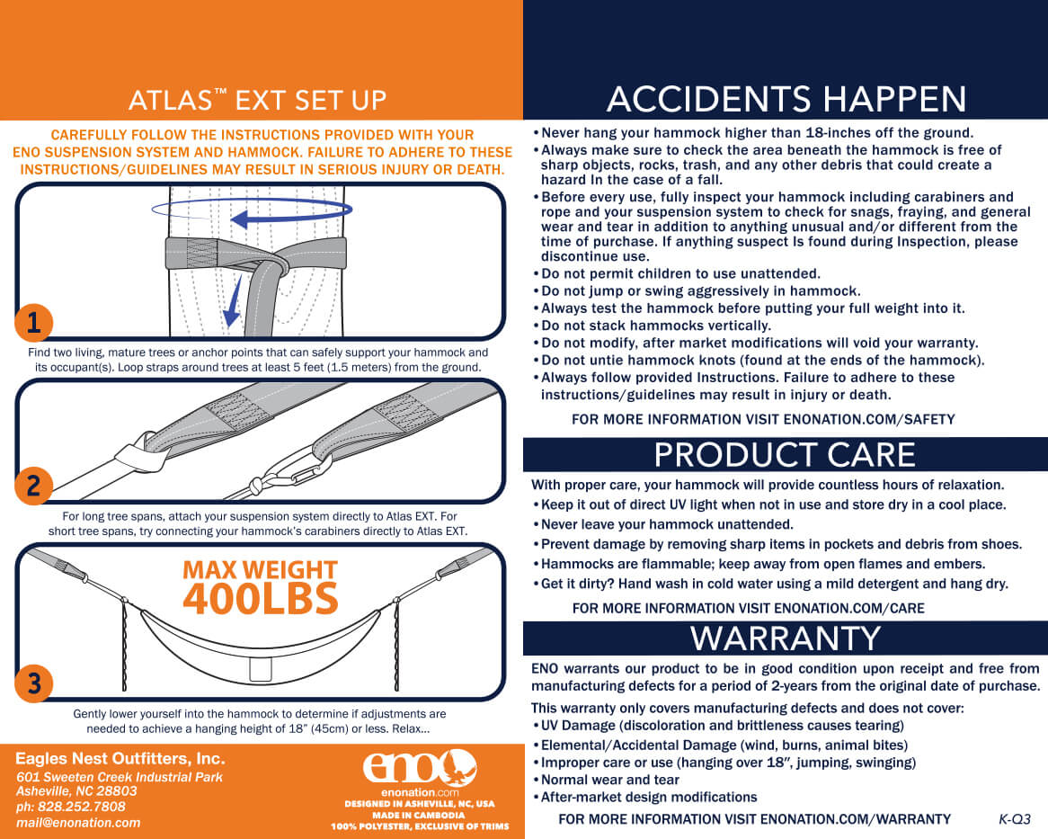 ENO Atlas EXT Hammock Strap Extender Setup, Safety, Care, Warranty, and Usage Guidelines