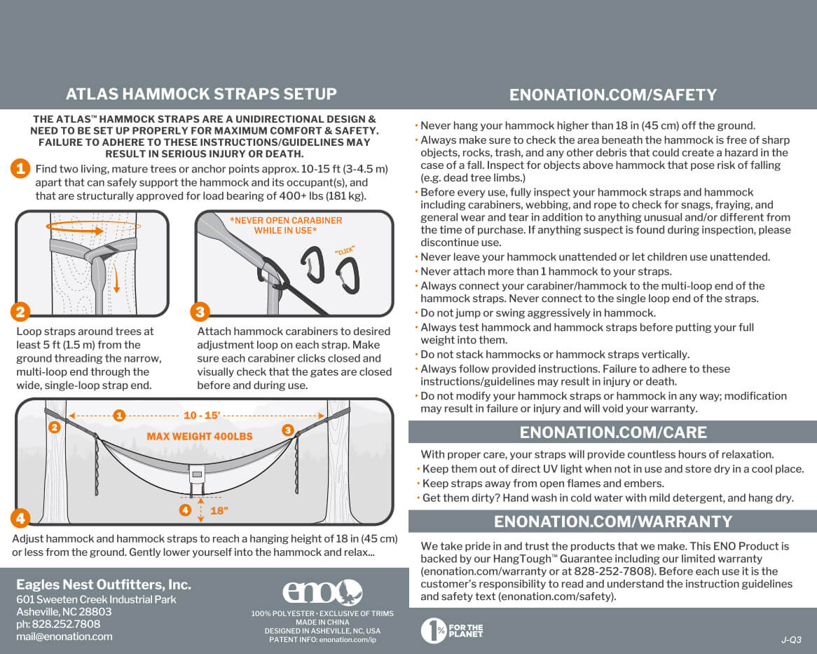 ENO Atlas Hammock Straps and Atlas XL Hammock Straps Setup, Safety, Care, Warranty, and Usage Guidelines