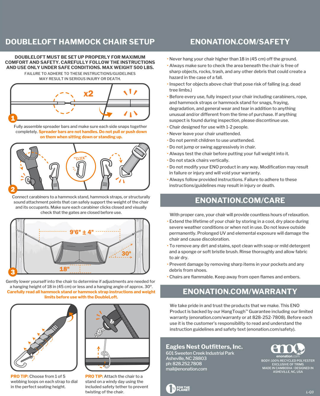 DoubleLoft Hammock Chair setup guide with safety and care instructions.