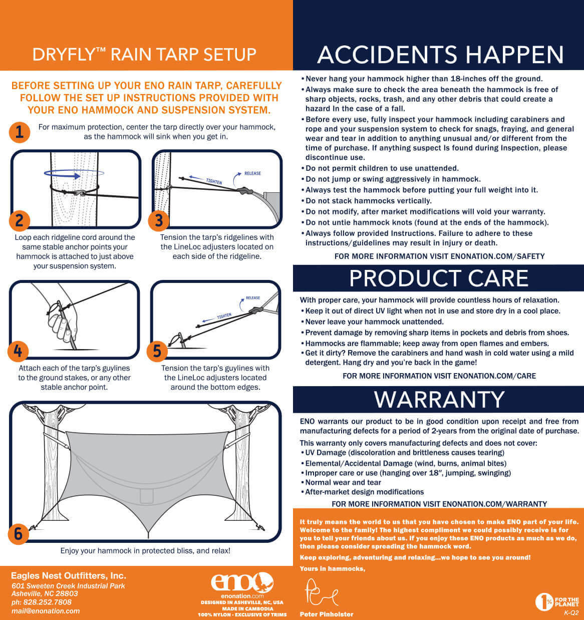 Eagles Nest Outfitters, ENO DryFly Rain Tarp Setup, Safety, Care, Warranty, and Usage Guidelines