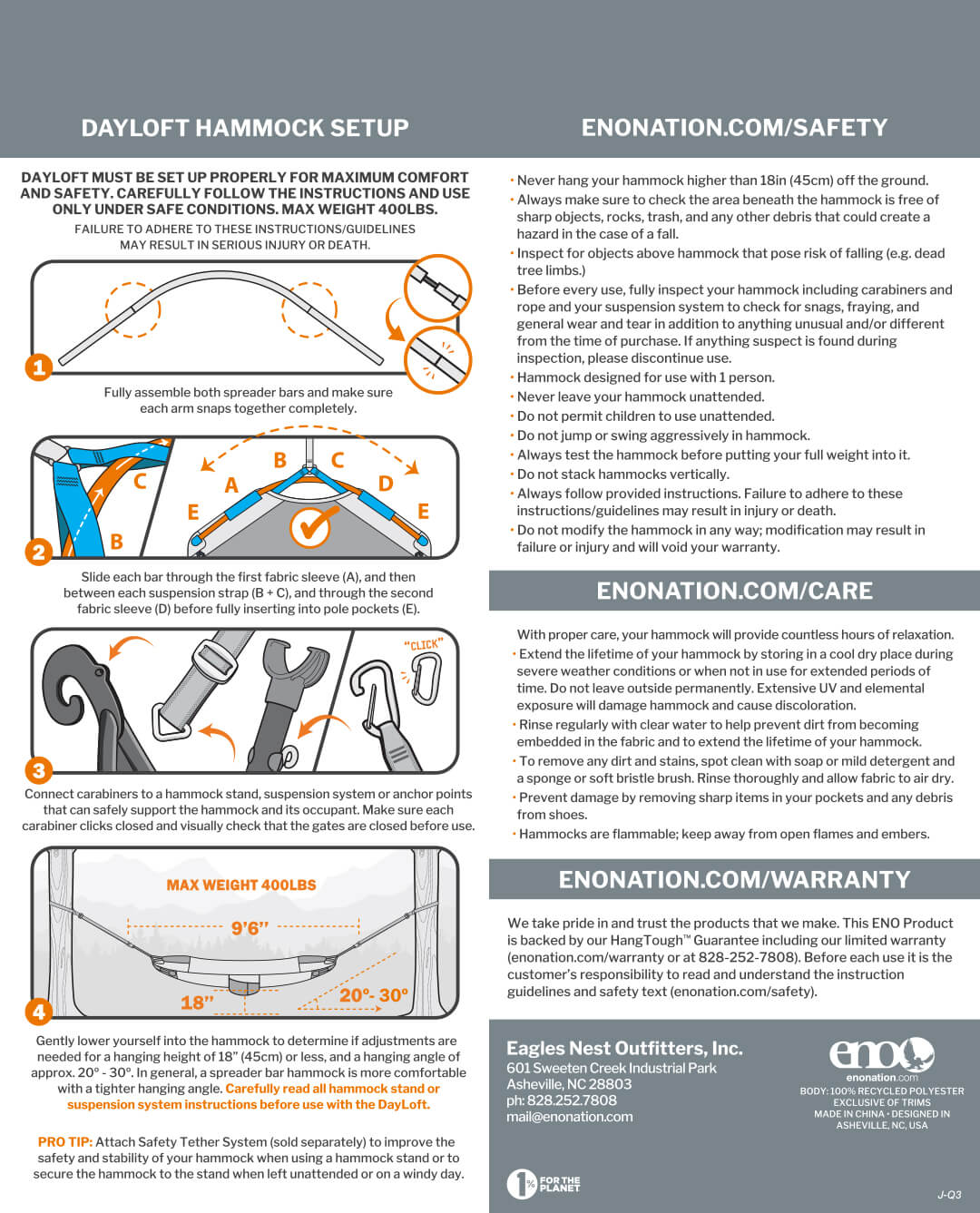 ENO DayLoft Hammock Setup, Safety, Care, Warranty, and Usage Guidelines