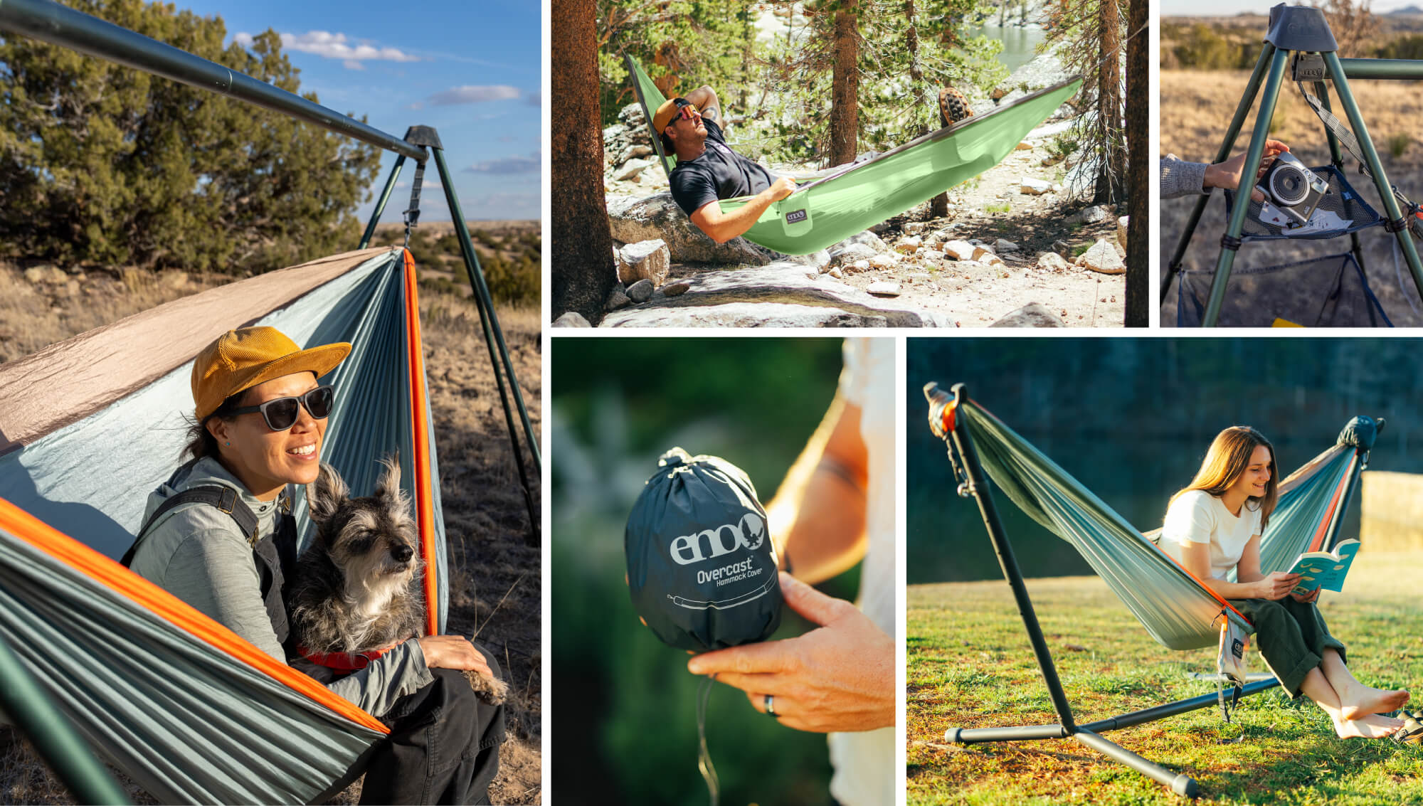 Collage of people using new ENO Hammock products in various outdoor settings.