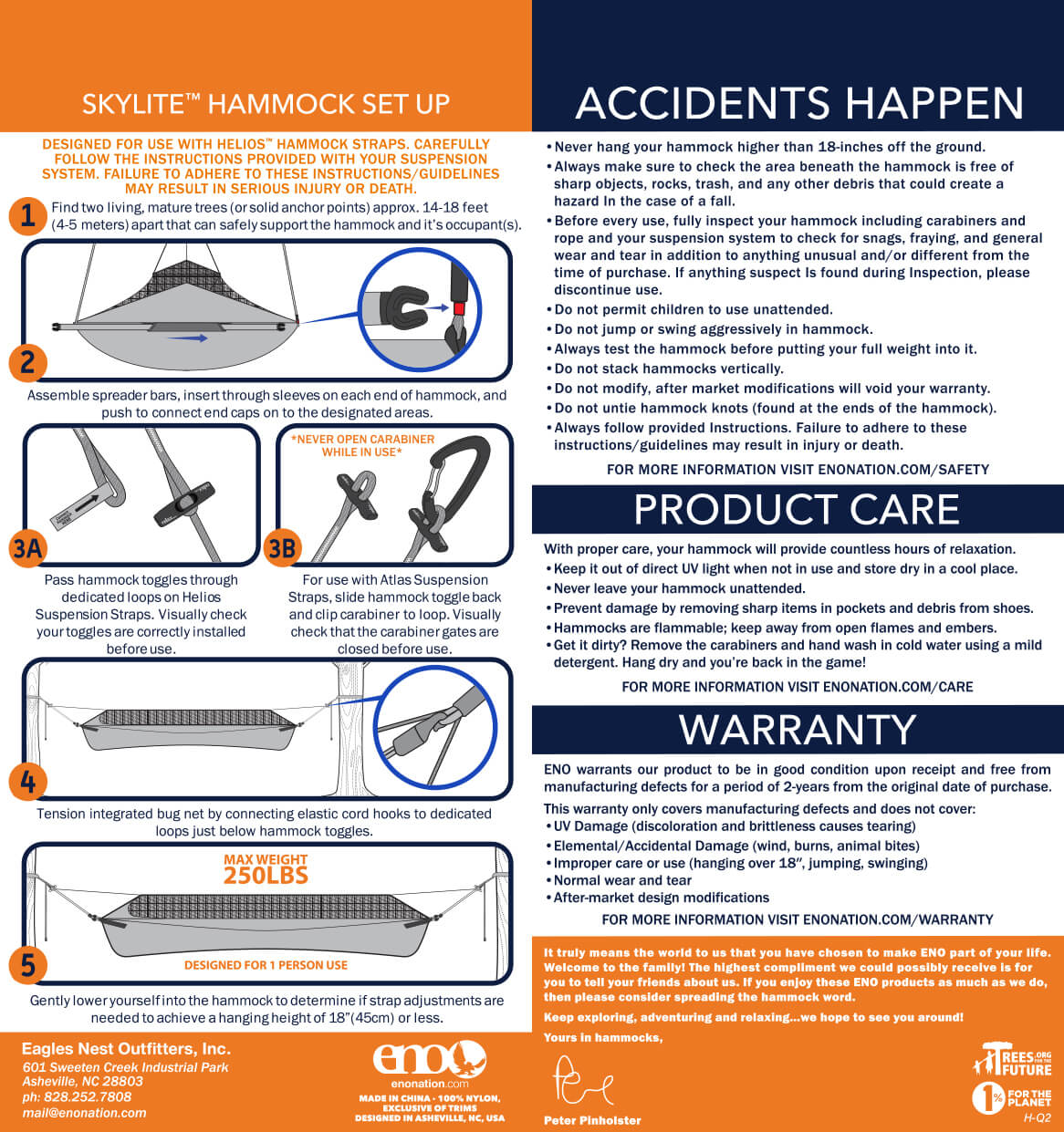 ENO SkyLite Hammock Setup, Safety, Care, Warranty, and Usage Guidelines
