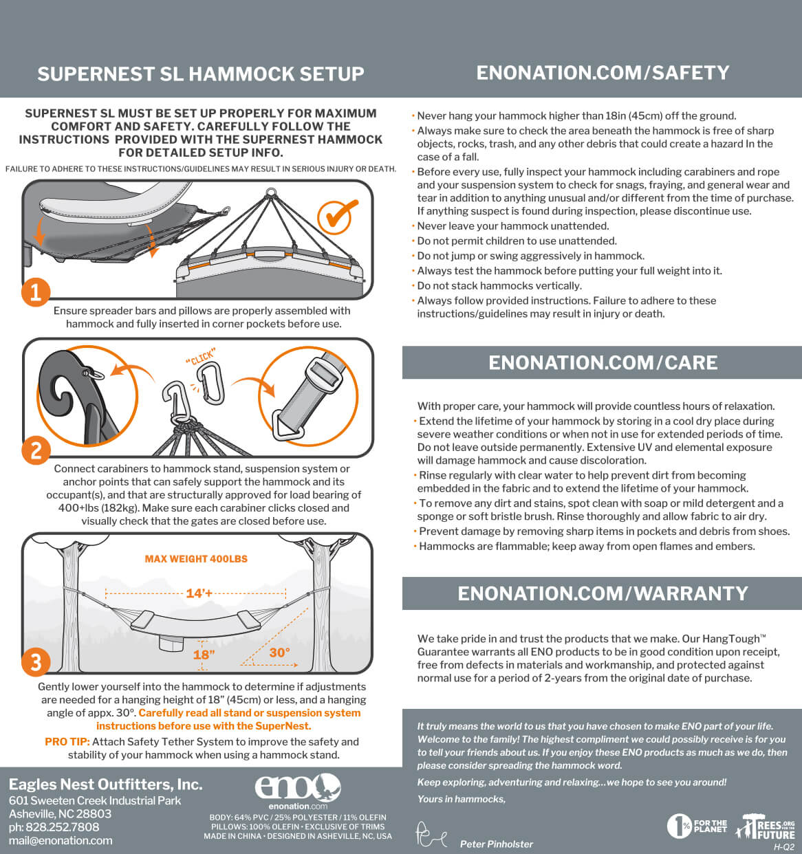 ENO SuperNest SL Hammock Setup, Safety, Care, Warranty, and Usage Guidelines