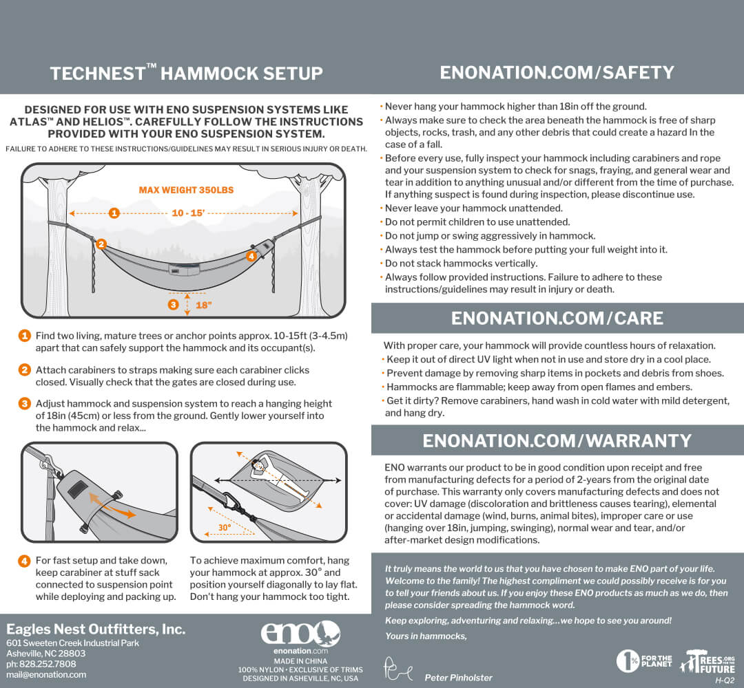 ENO TechNest Hammock Setup, Safety, Care, Warranty, and Usage Guidelines