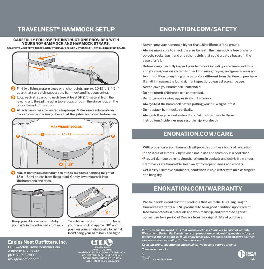 ENO TravelNest Hammock + Straps Combo Setup, Safety, Care, Warranty, and Usage Guidelines