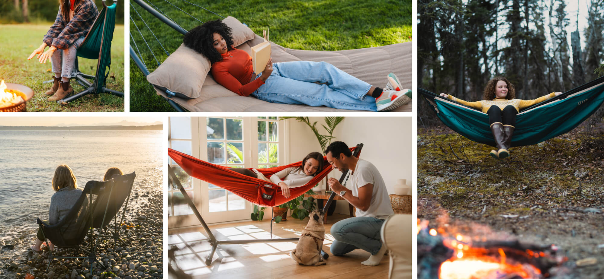 Collage of people using hammocks in various settings, including outdoors, indoors, and by a campfire during the fall season.