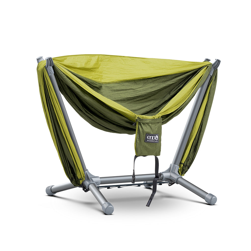Studio image of Parklite Hammock Chair Stand with DoubleNest Hammock set up in stand.