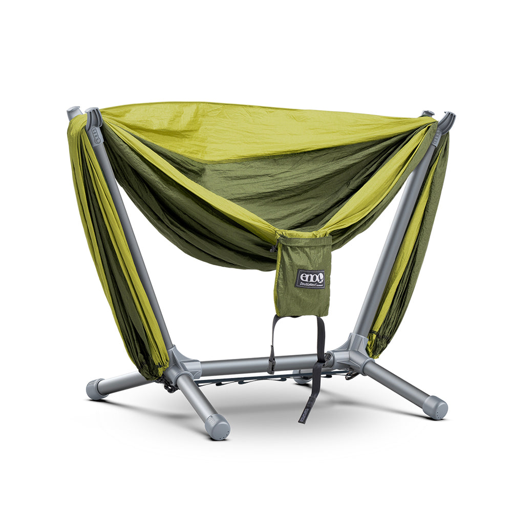Studio image of Parklite Hammock Chair Stand with DoubleNest Hammock set up in stand.