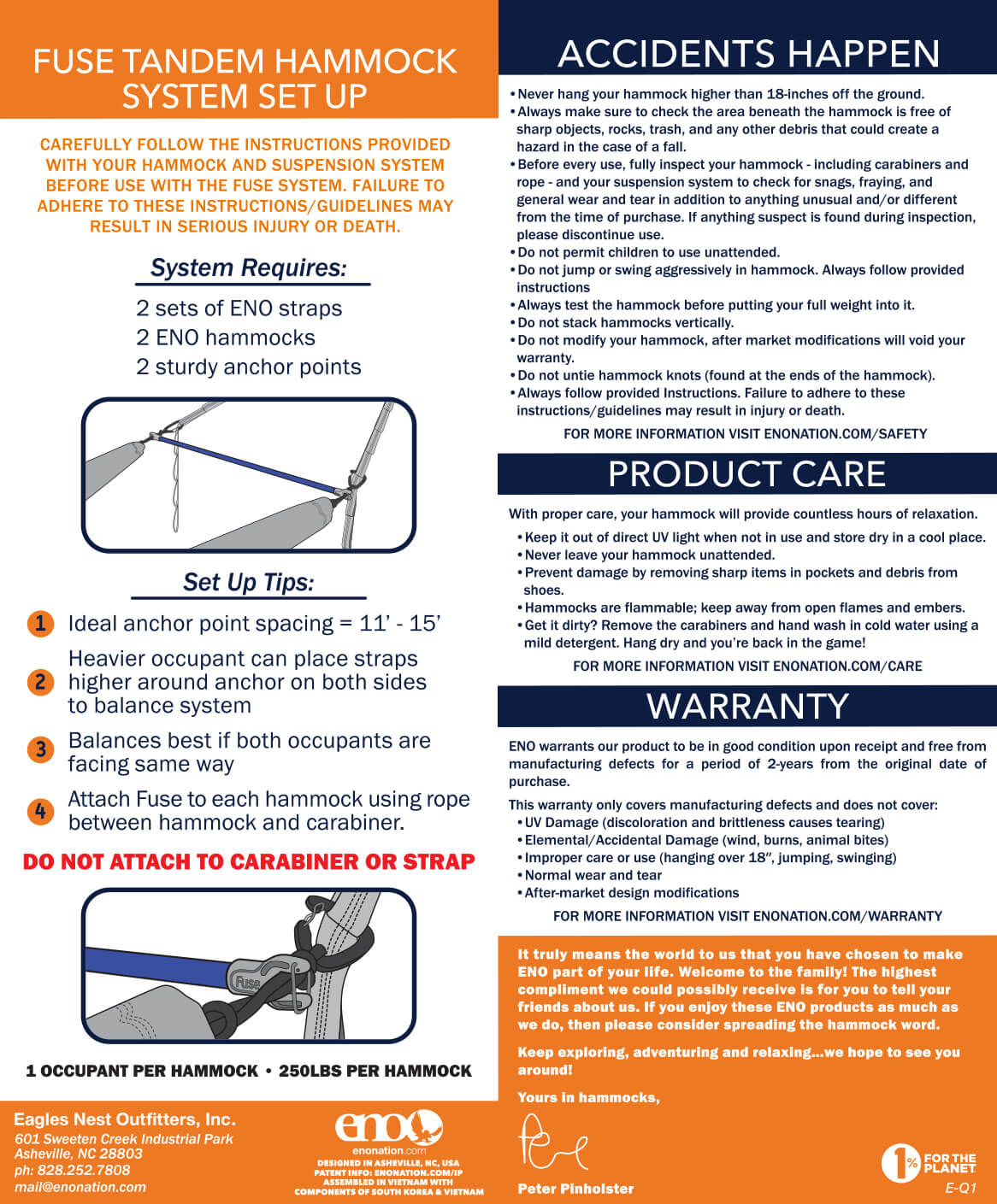 ENO Fuse Tandem Hammock System Setup, Safety, Care, Warranty, and Usage Guidelines