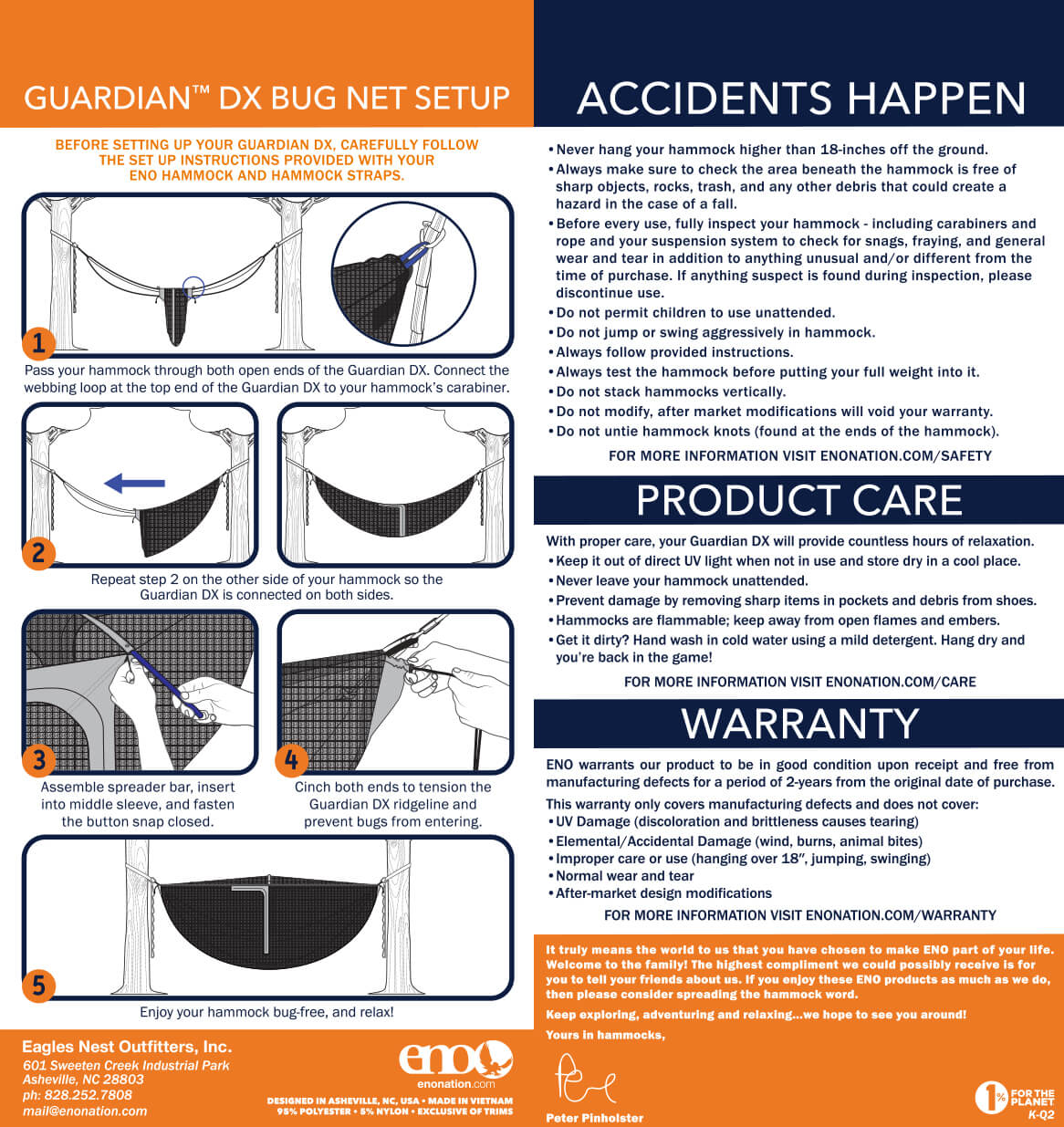 Eagles Nest Outfitters/ENO Guardian DX Bug Net Setup, Safety, Care, Warranty, and Usage Guidelines