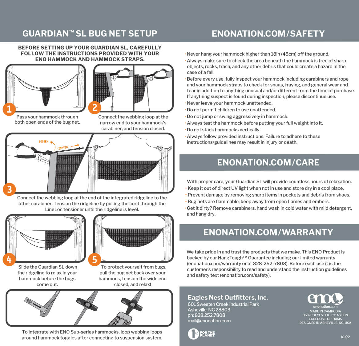 Eagles Nest Outfitters/ENO Guardian SL Bug Net Setup, Safety, Care, Warranty, and Usage Guidelines
