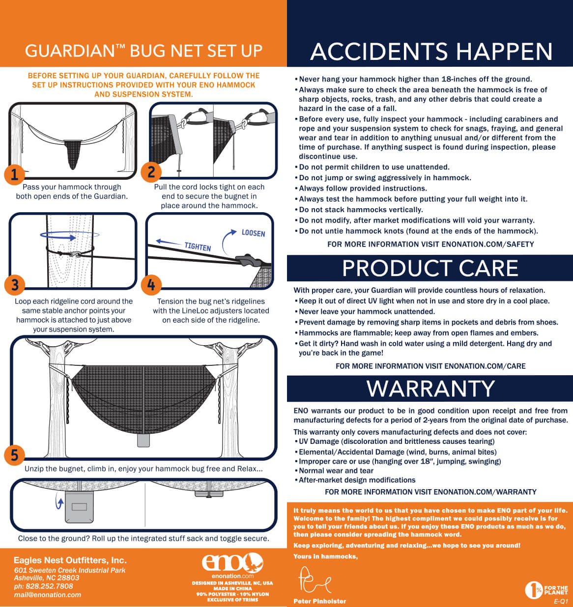 Eagles Nest Outfitters/ENO Guardian Bug Net Setup, Safety, Care, Warranty, and Usage Guidelines