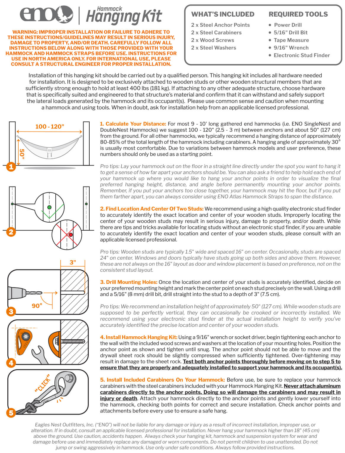 ENO Hammock Hanging Kit Setup, Safety, Care, Warranty, and Usage Guidelines