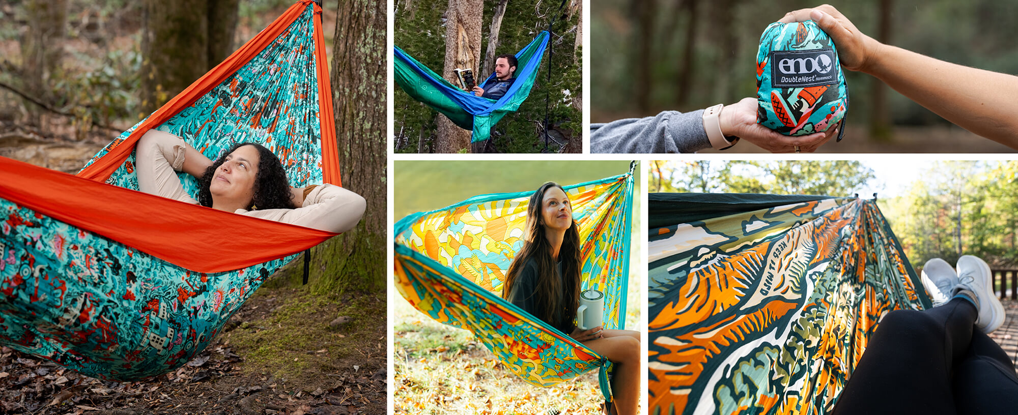 Collage of people using colorful ENO Giving Back Hammocks in a forest setting.