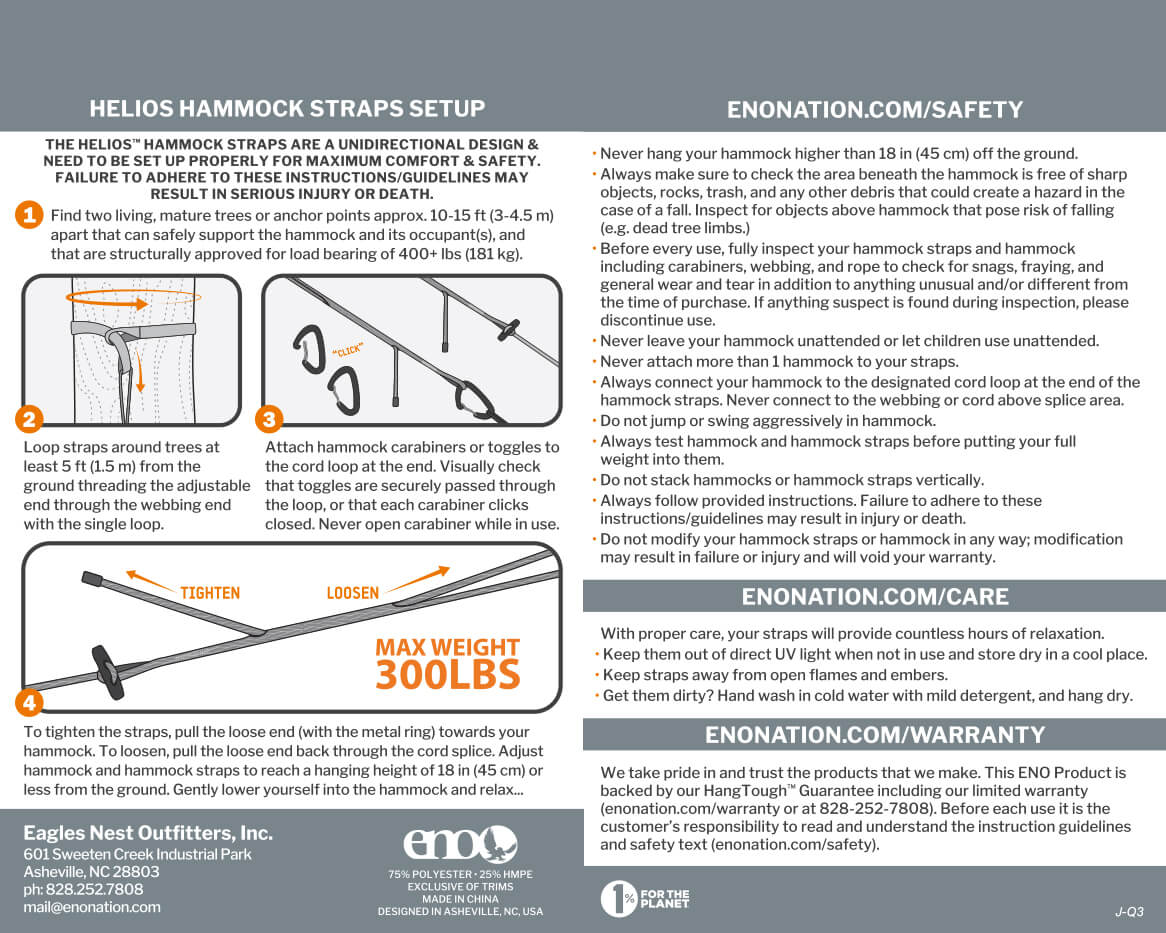 ENO Helios Ultralight Hammock Straps and Helios XL Hammock Straps Setup, Safety, Care, Warranty, and Usage Guidelines