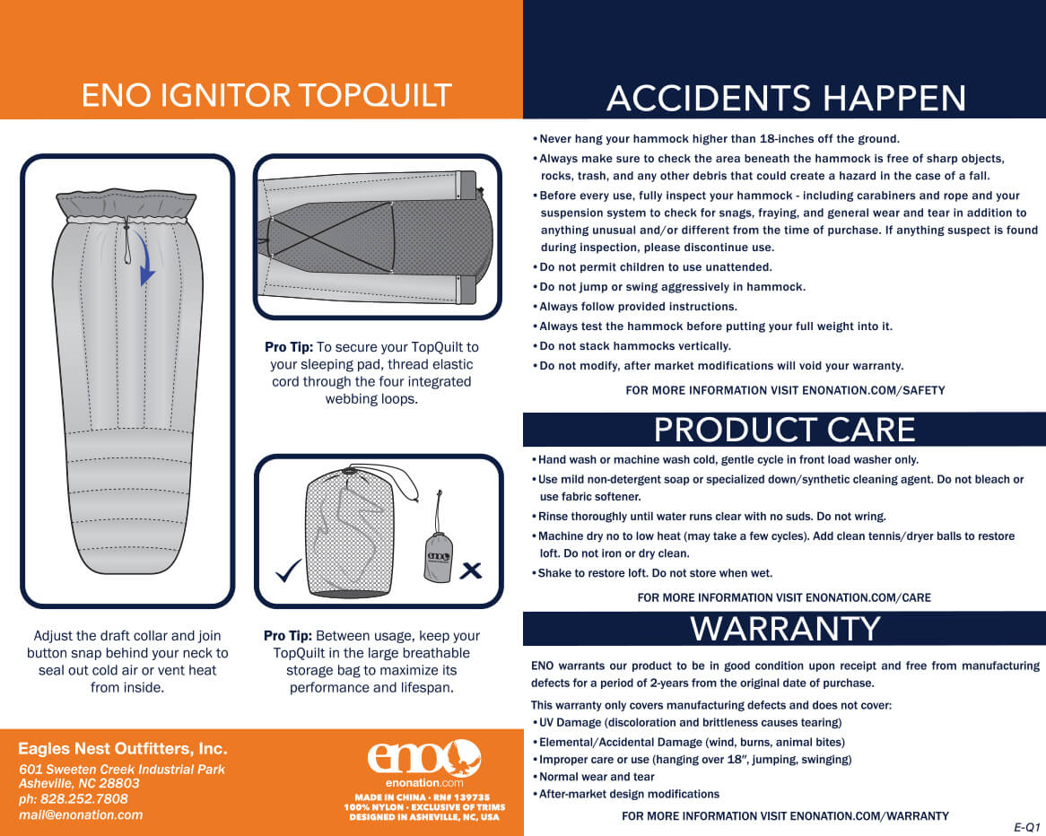 ENO/Eagles Nest Outfitters Ignitor TopQuilt Setup, Safety, Care, Warranty, and Usage Guidelines