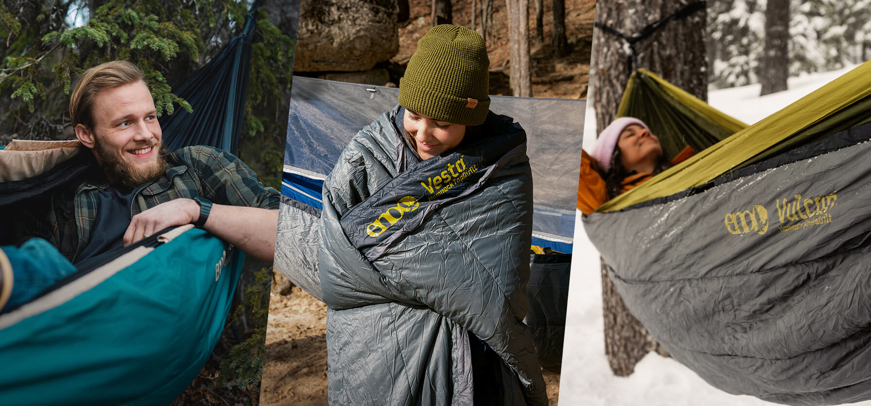 People using ENO hammocks with a variety of ENO hammock insulation in various outdoor settings.