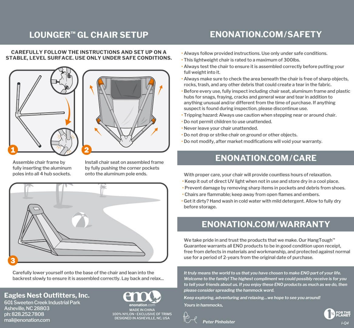 Eagles Nest Outfitters, ENO Lounger GK Chair Setup, Safety, Care, Warranty, and Usage Guidelines