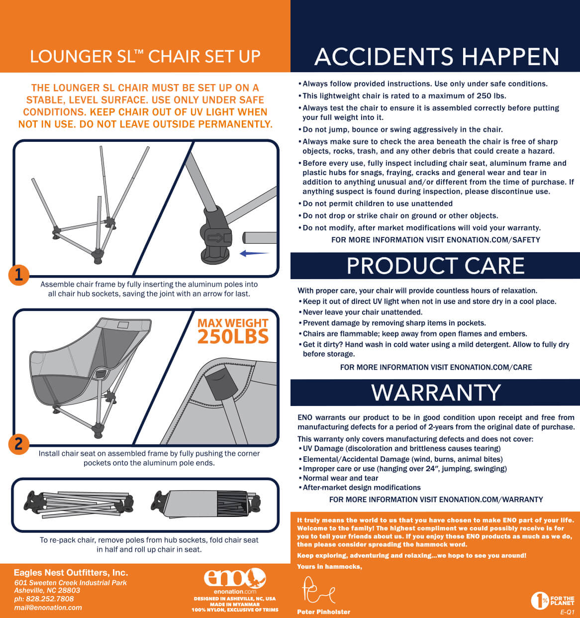 Eagles Nest Outfitters, ENO Lounger SL Chair Setup, Safety, Care, Warranty, and Usage Guidelines