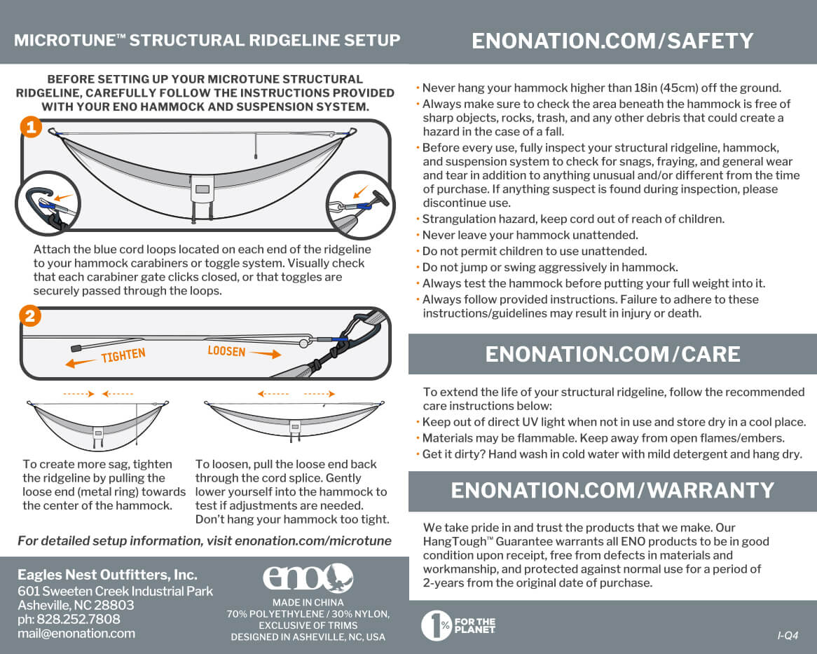 ENO Microtune Structural Ridgeline Setup, Safety, Care, Warranty, and Usage Guidelines