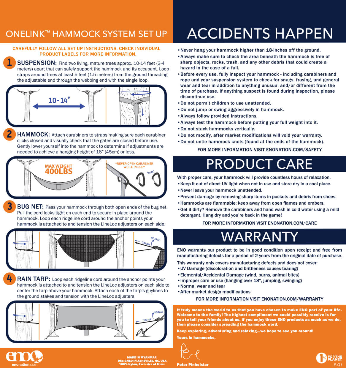 ENO OneLink Hammock Camping System Setup, Care, Warranty, and Safety Information