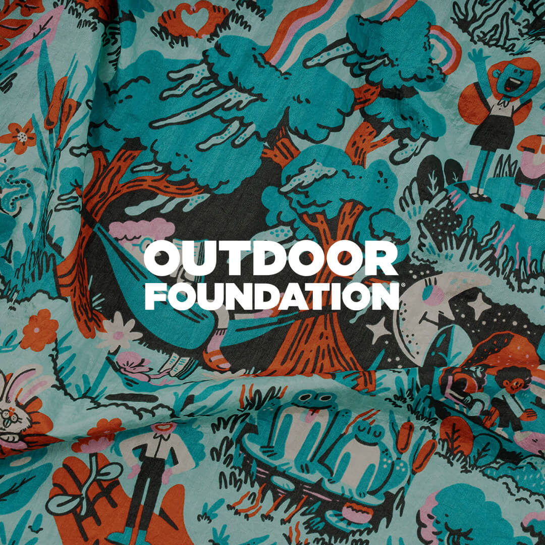Colorful fabric with nature-themed design and Outdoor Foundation logo overlay.