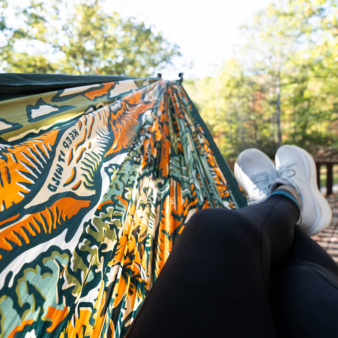 A person sitting in a colorful Giving Back Hammock with a forest background