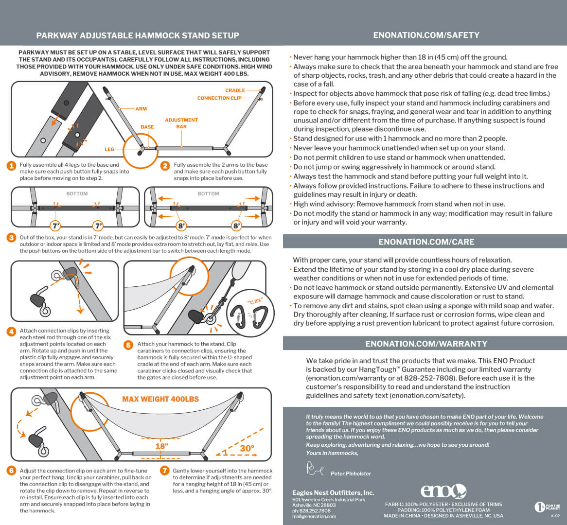 ENO Parkway Adjustable Hammock Stand Setup, Safety, Care, Warranty, and Usage Guidelines