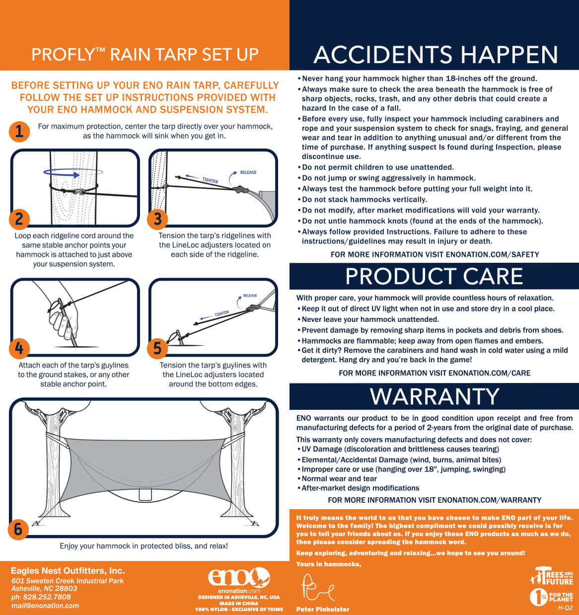 Eagles Nest Outfitters, ENO ProFly Rain Tarp Setup, Safety, Care, Warranty, and Usage Guidelines