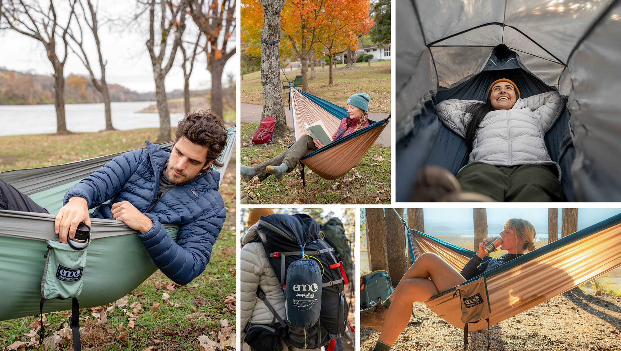 Collage of people using new ENO hammock products in different settings.