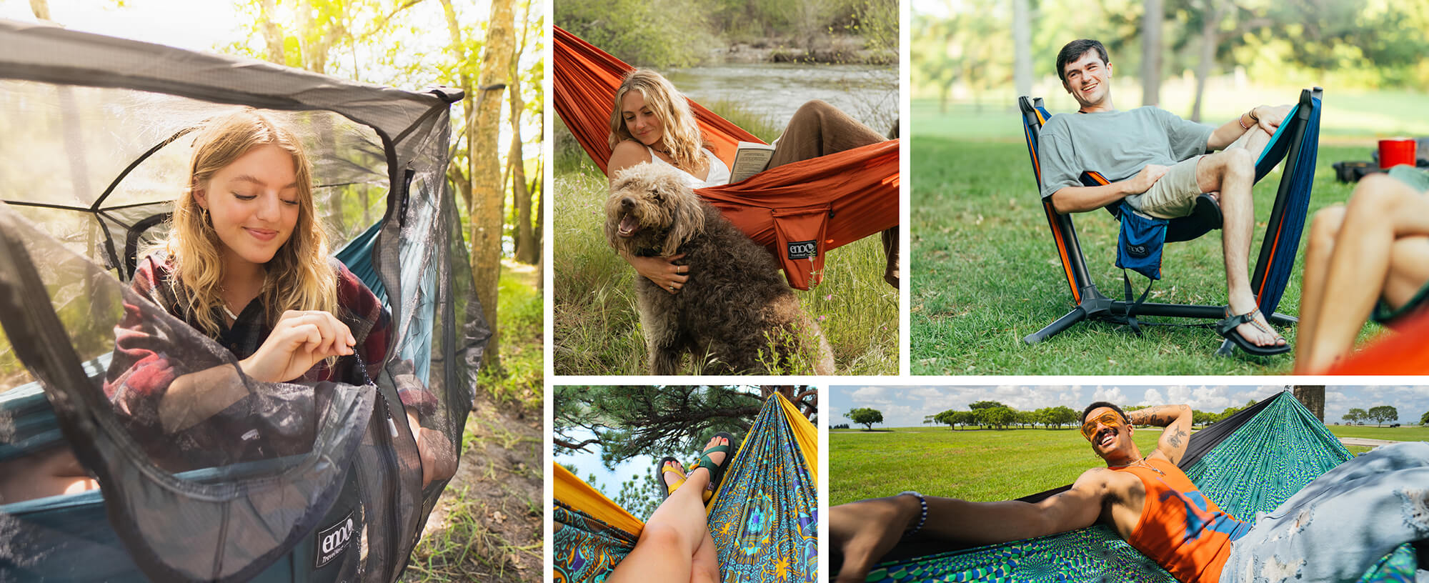 A five-panel collage showing people using ENO hammock products outdoors in a forest and grassy field. One panel shows a woman sitting inside a hammock bug net another shows legs stretched in a hammock, a third shows a man sitting in an ENO Parklite Hammock Chair Stand beside the canopy, and two lower panels show people relaxing in a green hammock with a dog.