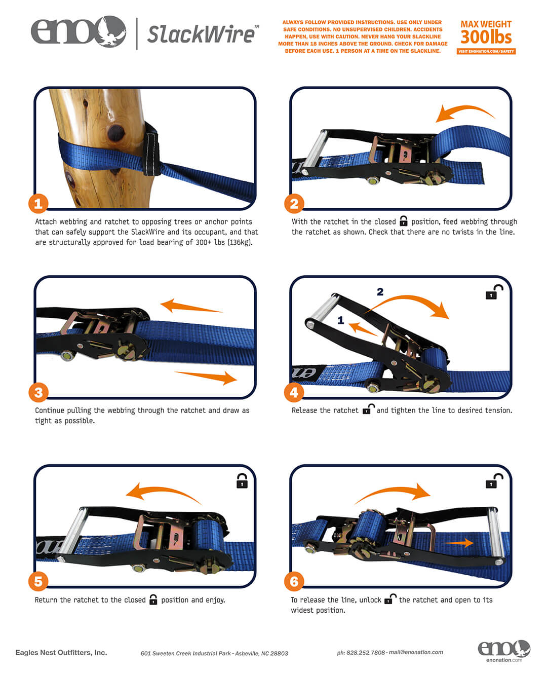 ENO Slackwire Slackline Setup, Safety, Care, Warranty, and Usage Guidelines