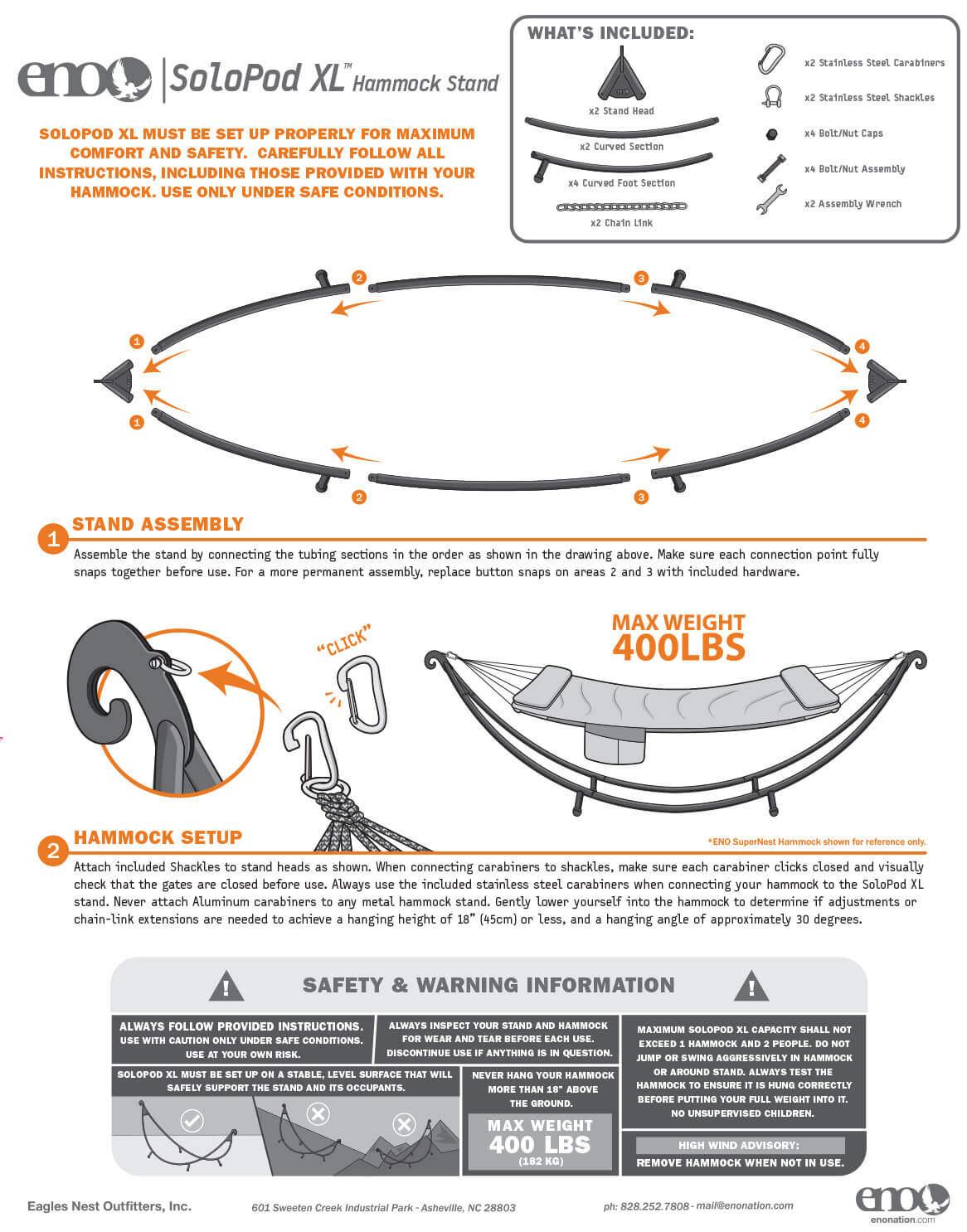 ENO SoloPod Hammock Stand Setup, Safety, Care, Warranty, and Usage Guidelines