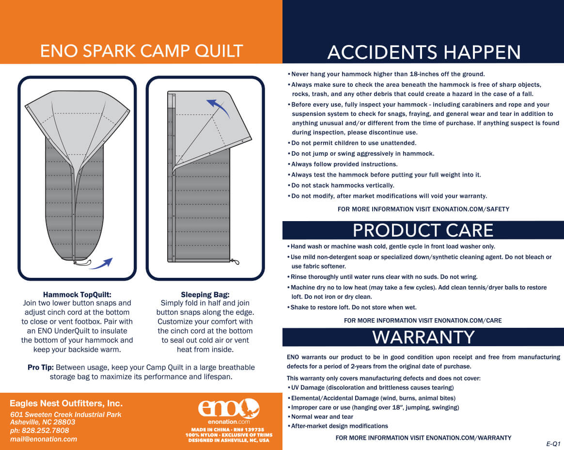 ENO Spark Camp Quilt Setup, Safety, Care, Warranty, and Usage Guidelines