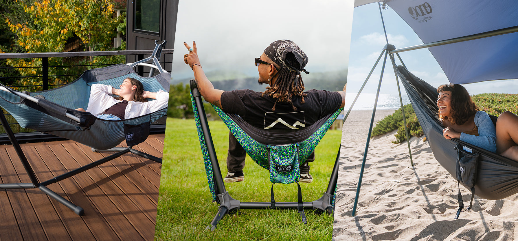 Collage of people using ENO Hammock Stands in different settings: indoors, outdoors on grass, and at the beach.