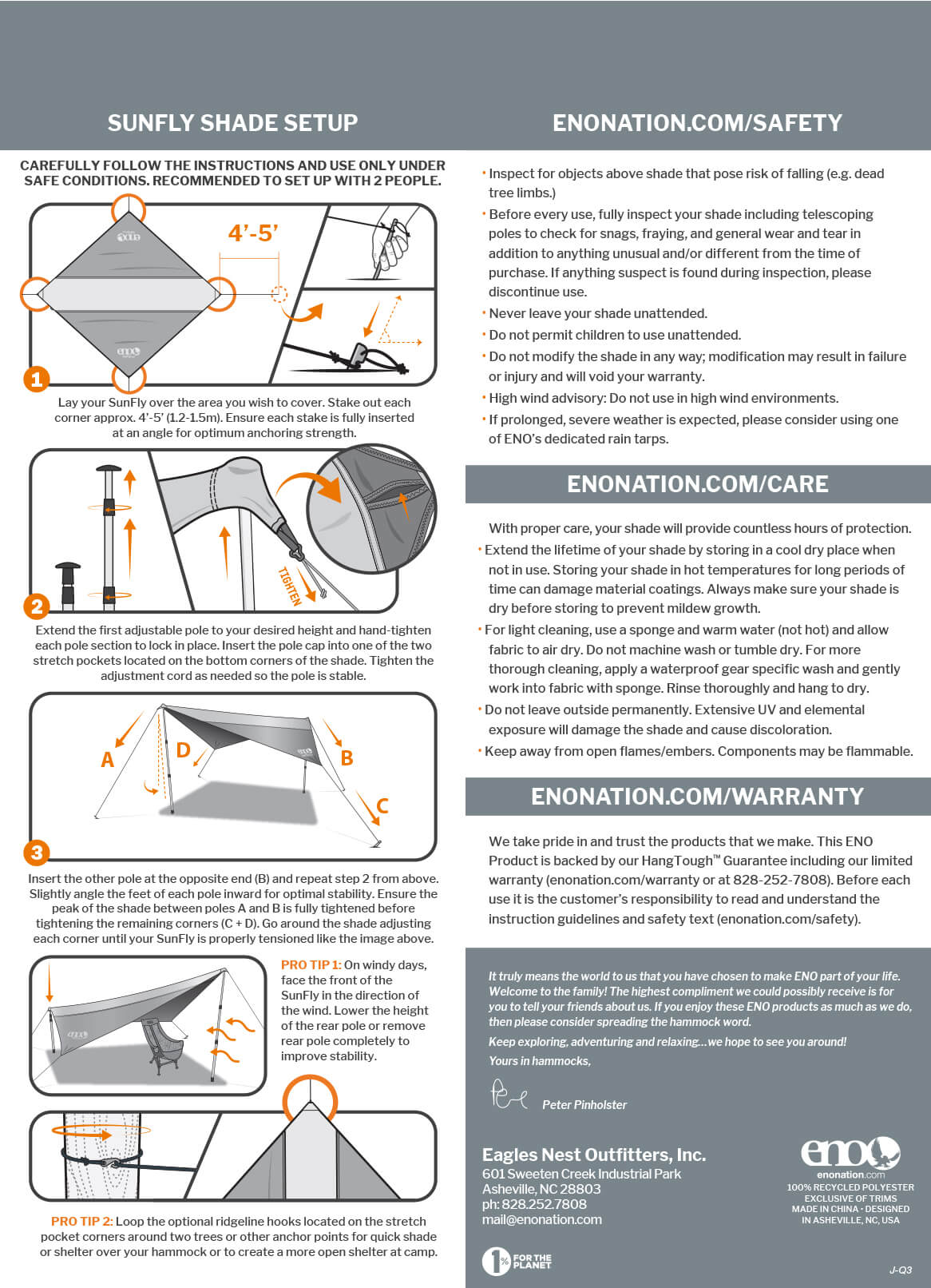 Eagles Nest Outfitters/ENO SunFly Shade Setup, Safety, Care, Warranty, and Usage Guidelines