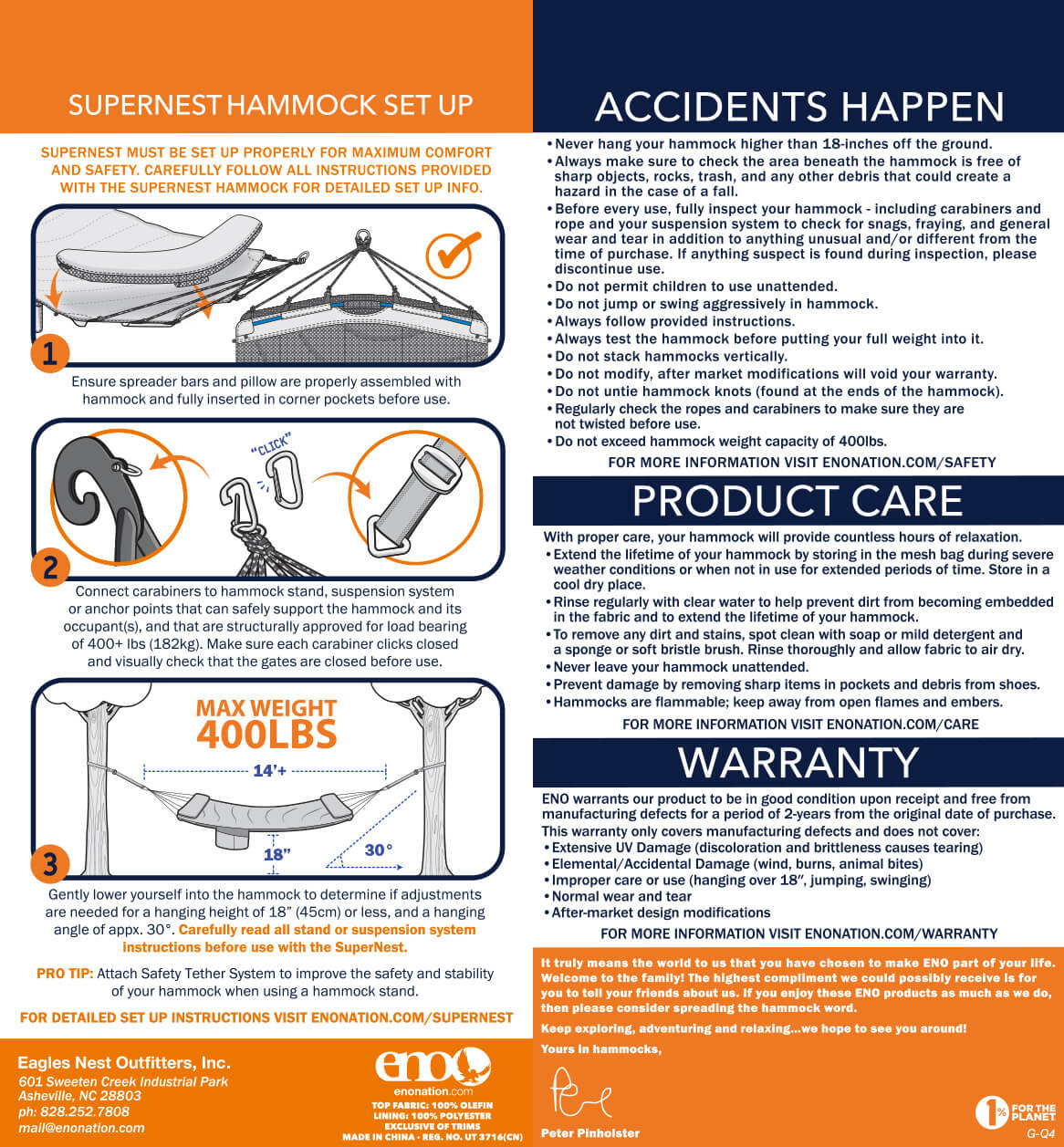 ENO SuperNest Hammock Setup, Safety, Care, Warranty, and Usage Guidelines