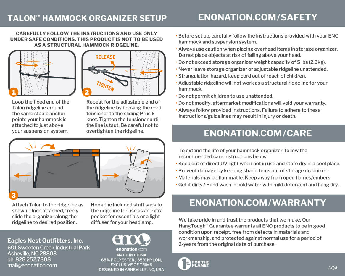 ENO Talon Hammock Organizer Setup, Safety, Care, Warranty, and Usage Guidelines