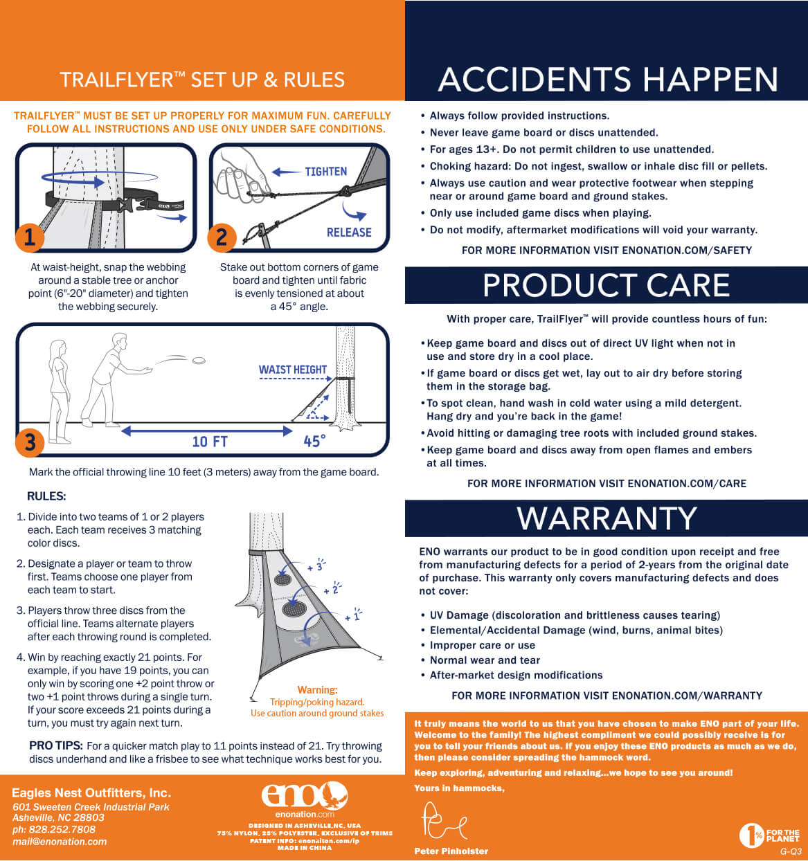 Eagles Nest Outfitters, ENO TrailFlyer Outdoor Game Setup, Safety, Care, Warranty, and Usage Guidelines