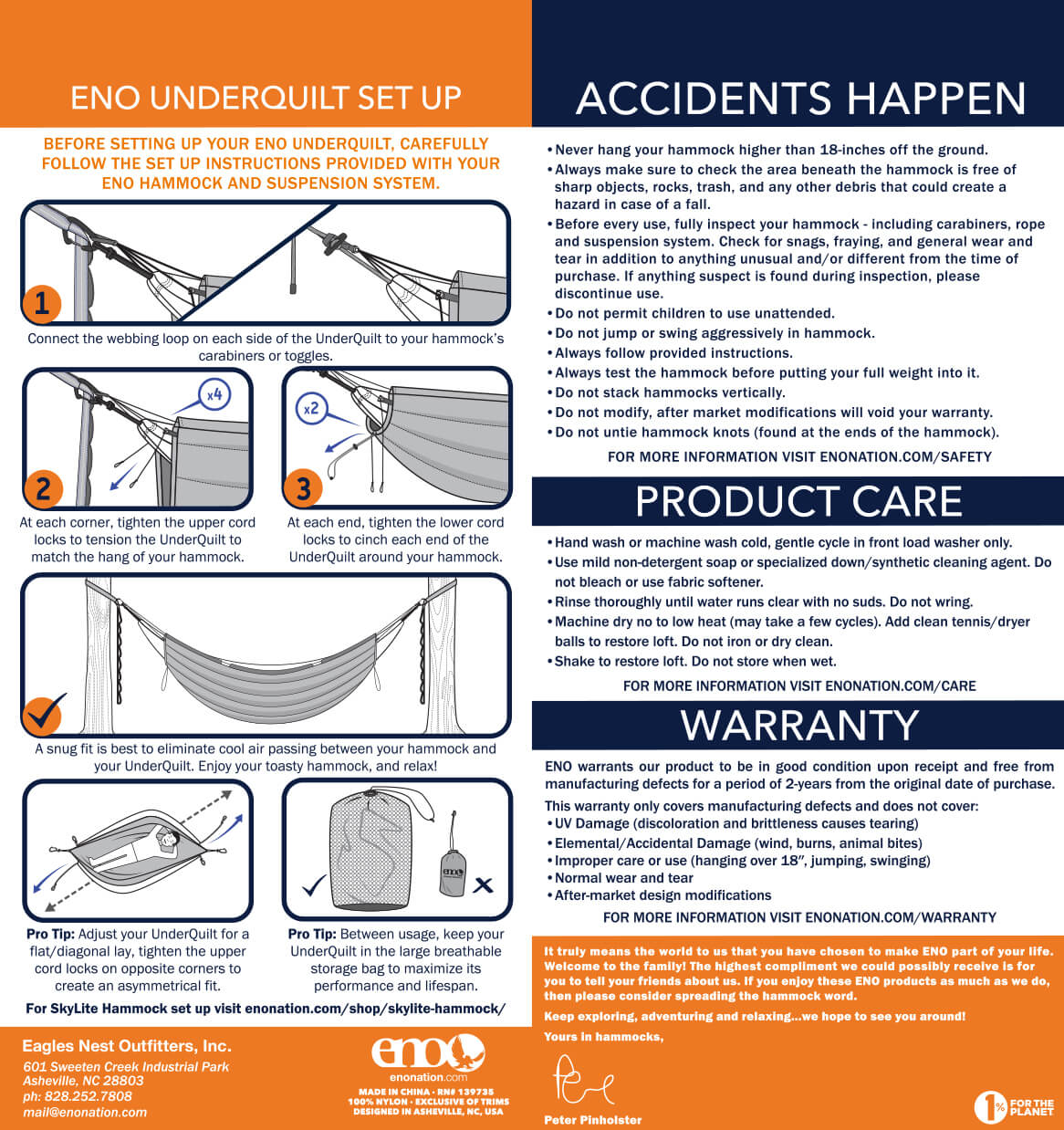 ENO Hammock UnderQuilt Setup, Safety, Care, Warranty, and Usage Guidelines