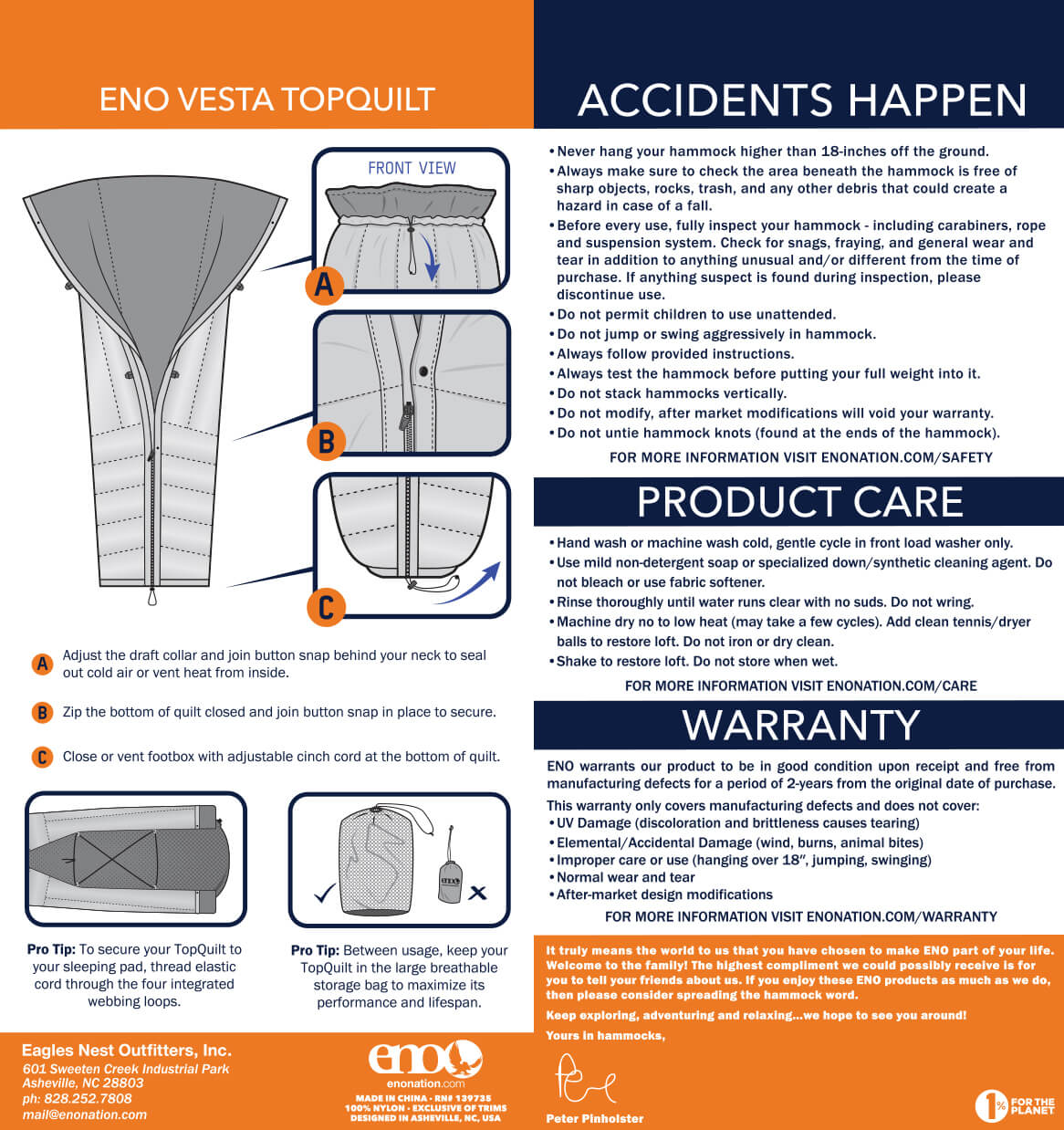 ENO Vesta TopQuilt Setup, Safety, Care, Warranty, and Usage Guidelines