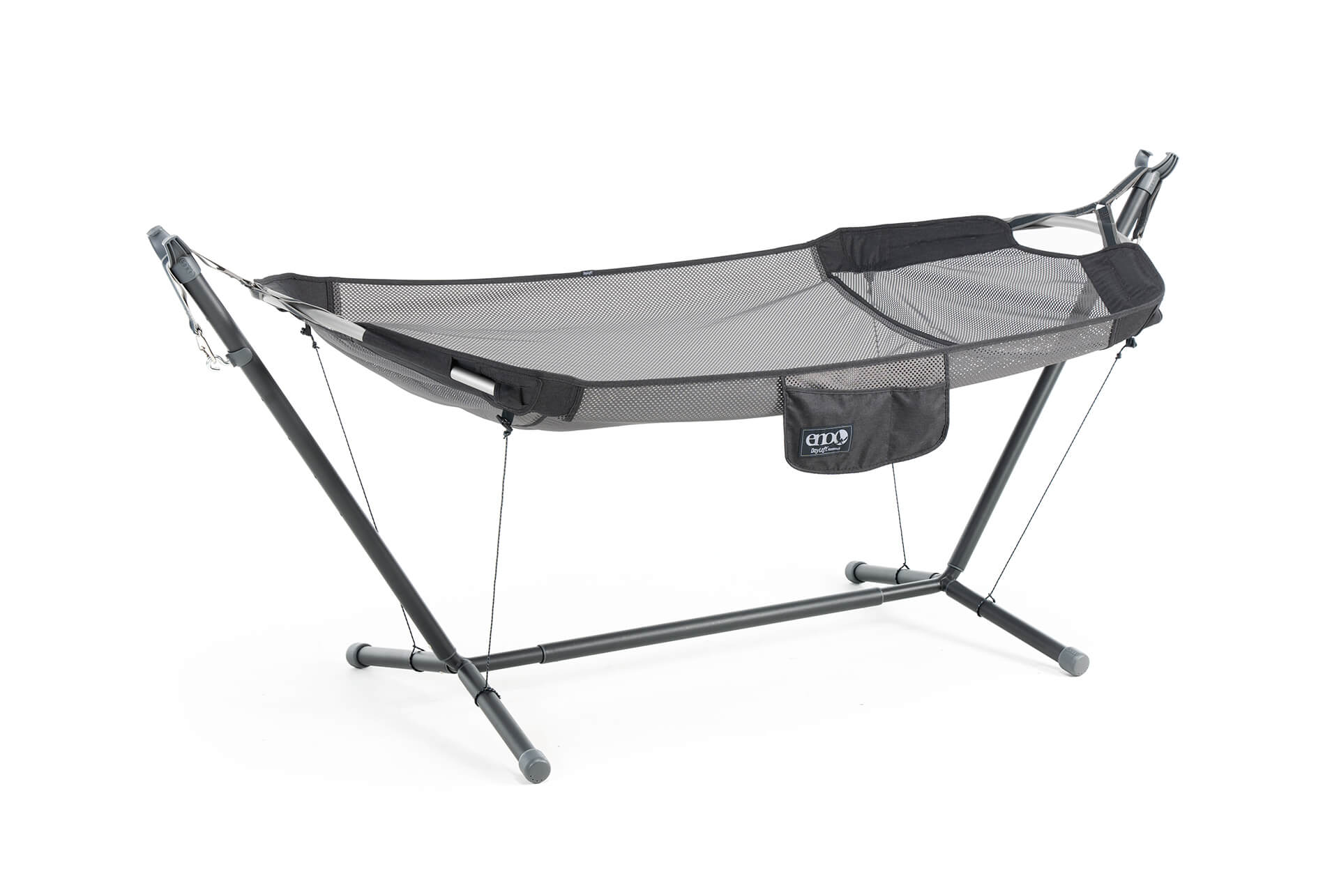 ENO Hammock Stand Tether System connecting the ENO Parkway Adjustable Hammock Stand to the ENO DayLoft Hammock to prevent it from tipping.