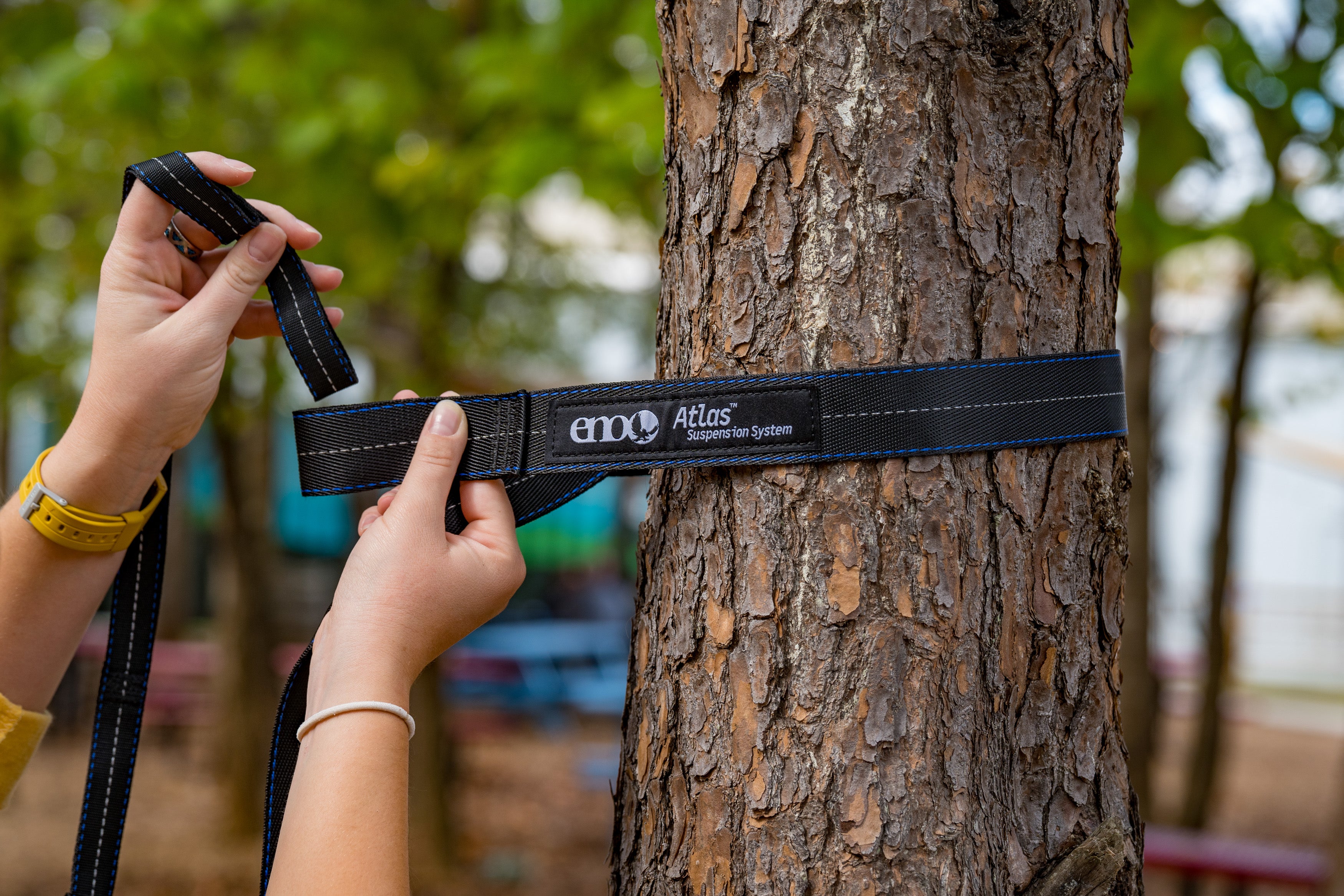 Two hands tying ENO Atlas Straps around a tree.